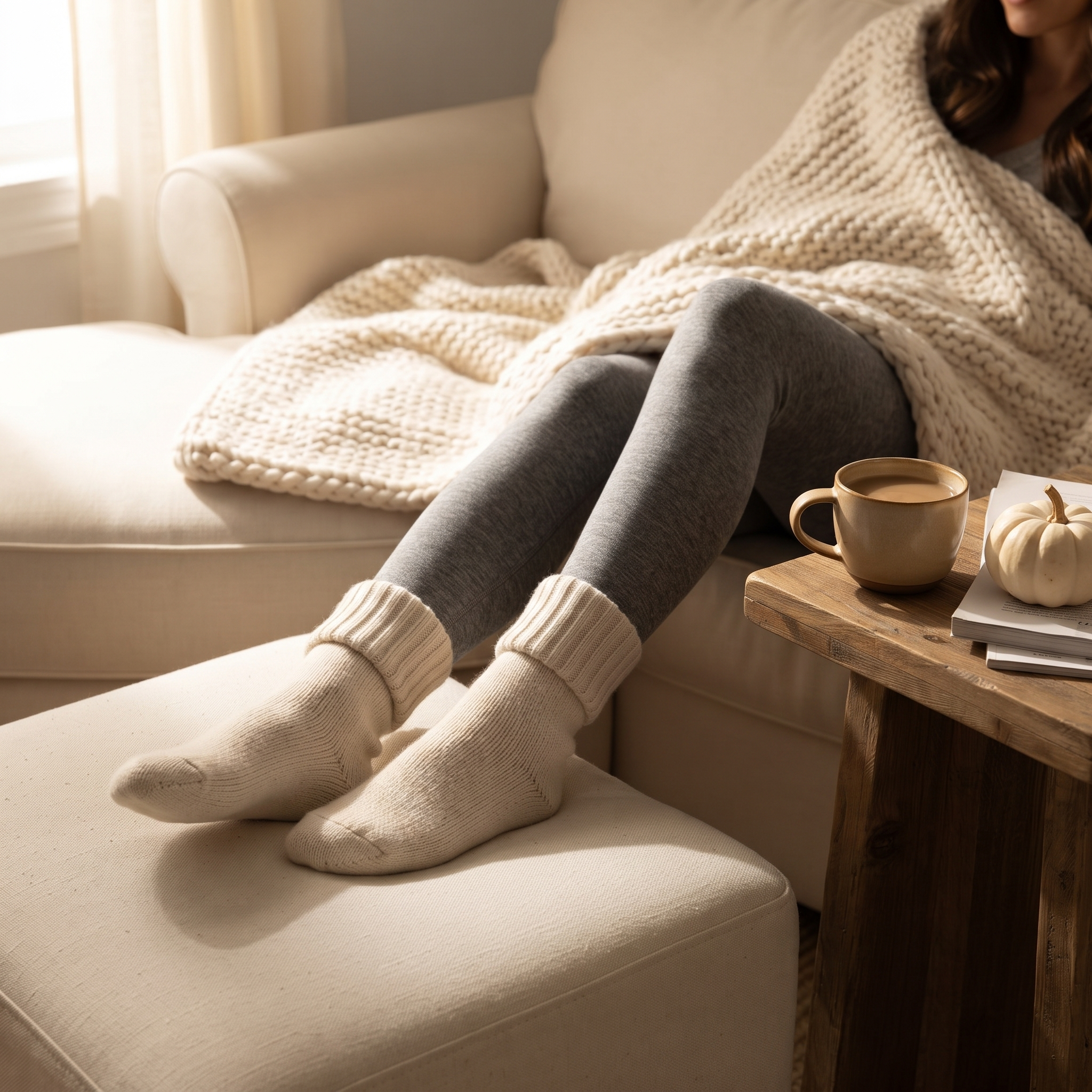 Cream slouch socks with leggings on a cozy sofa