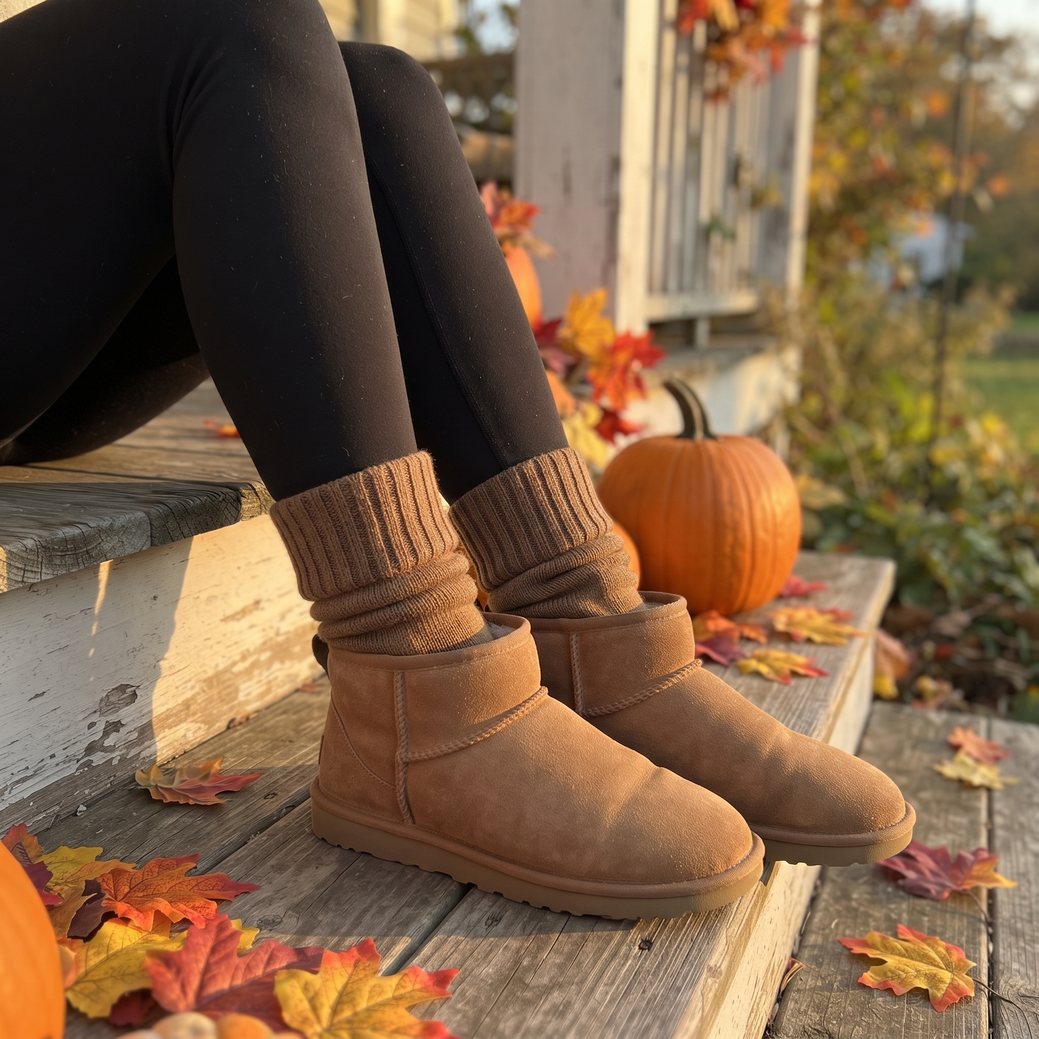 Caramel slouch socks with leggings and ankle boots on a fall porch